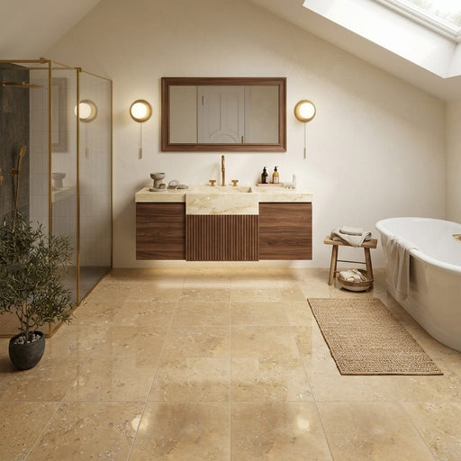 Noce Travertine Tile 12x12 Polished — Bathroom floor