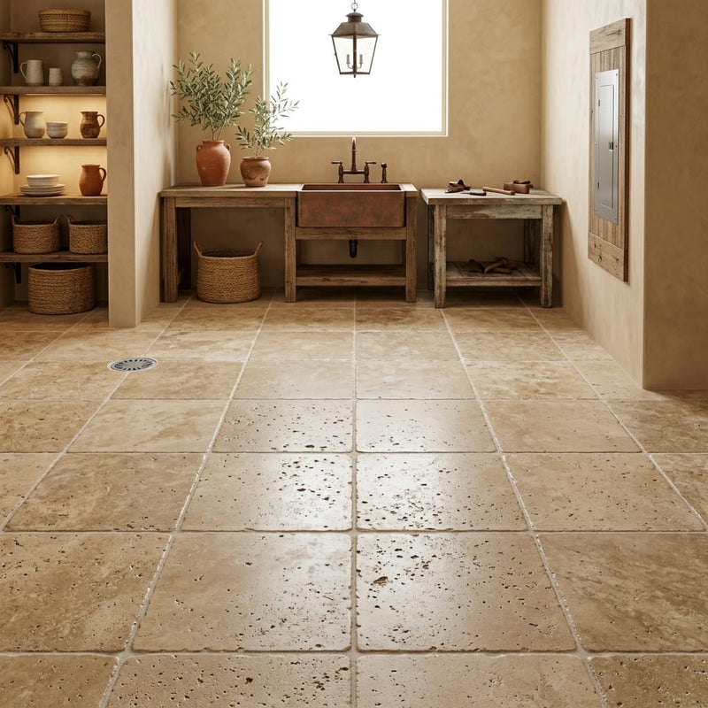 Noce Travertine Tile 12x12 Tumbled — Basement floor