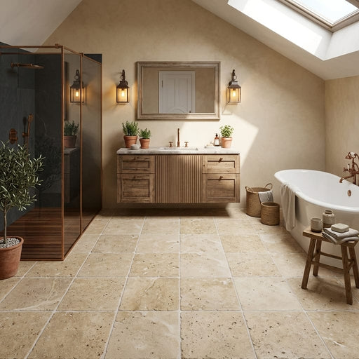 Noce Travertine Tile 12x12 Tumbled — Bathroom floor