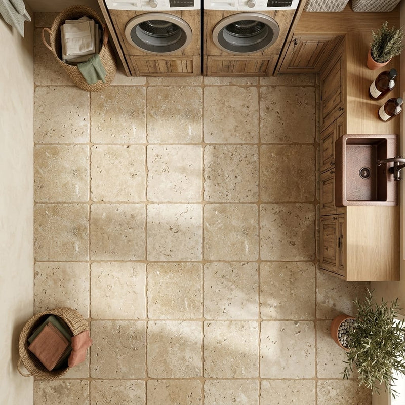 Noce Travertine Tile 12x12 Tumbled — Laundry Room floor