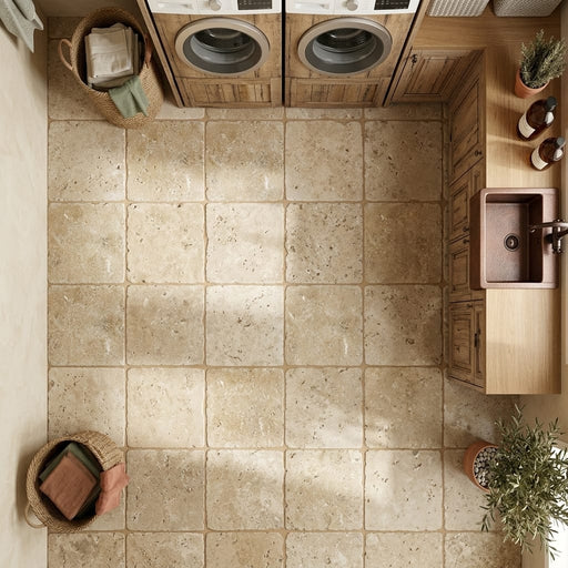 Noce Travertine Tile 12x12 Tumbled — Laundry Room floor