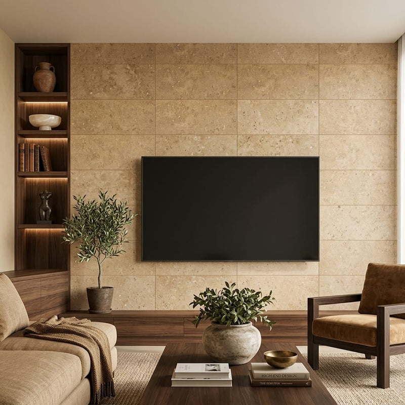 Noce Travertine Tile 12x24 Filled, Honed — Living Room feature wall
