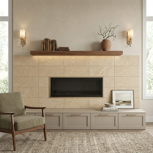 Noce Travertine Tile 12x24 Filled, Honed — Living Room fireplace surround