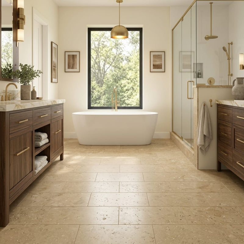 Noce Travertine Tile 12x24 Filled, Honed — Primary Bath floor