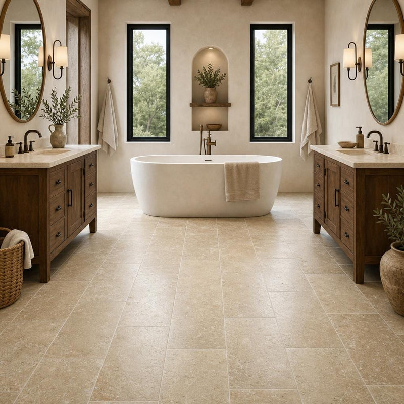 Noce Travertine Tile 12x24 Tumbled — Bathroom floor