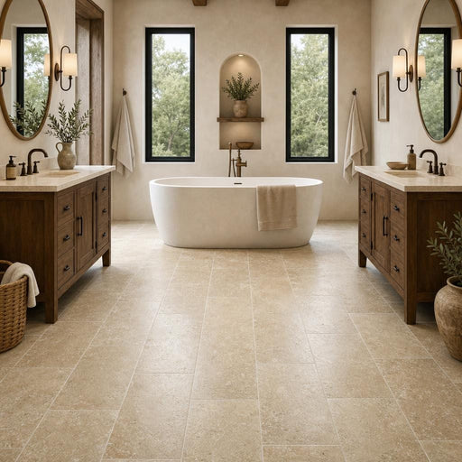 Noce Travertine Tile 12x24 Tumbled — Bathroom floor