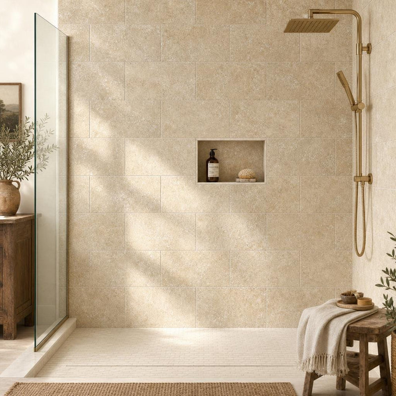Noce Travertine Tile 12x24 Tumbled — Bathroom shower wall