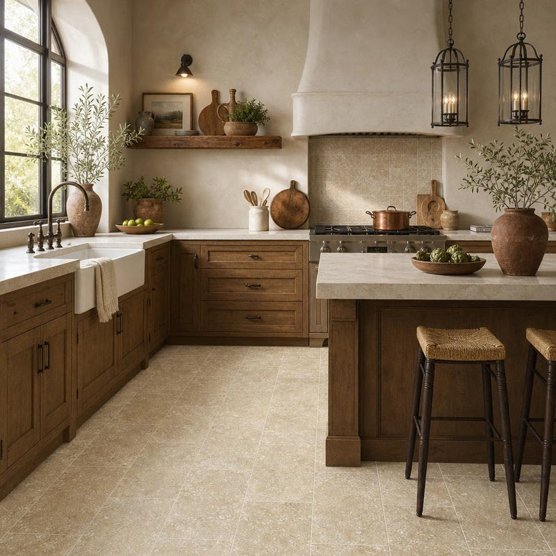 Noce Travertine Tile 12x24 Tumbled — Kitchen floor