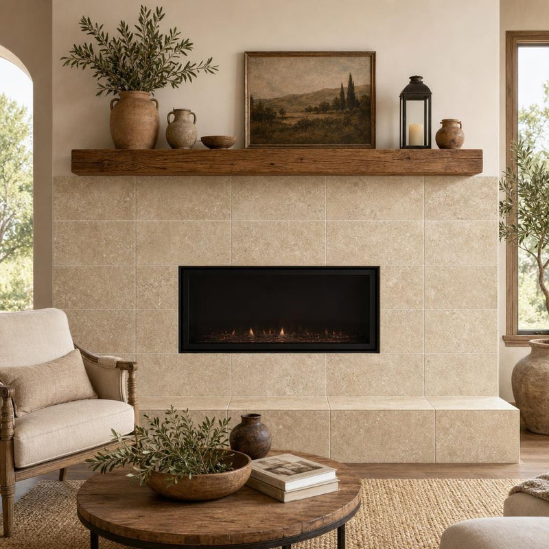 Noce Travertine Tile 12x24 Tumbled — Living Room fireplace surround