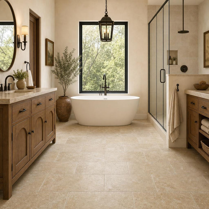 Noce Travertine Tile 12x24 Tumbled — Primary Bath floor