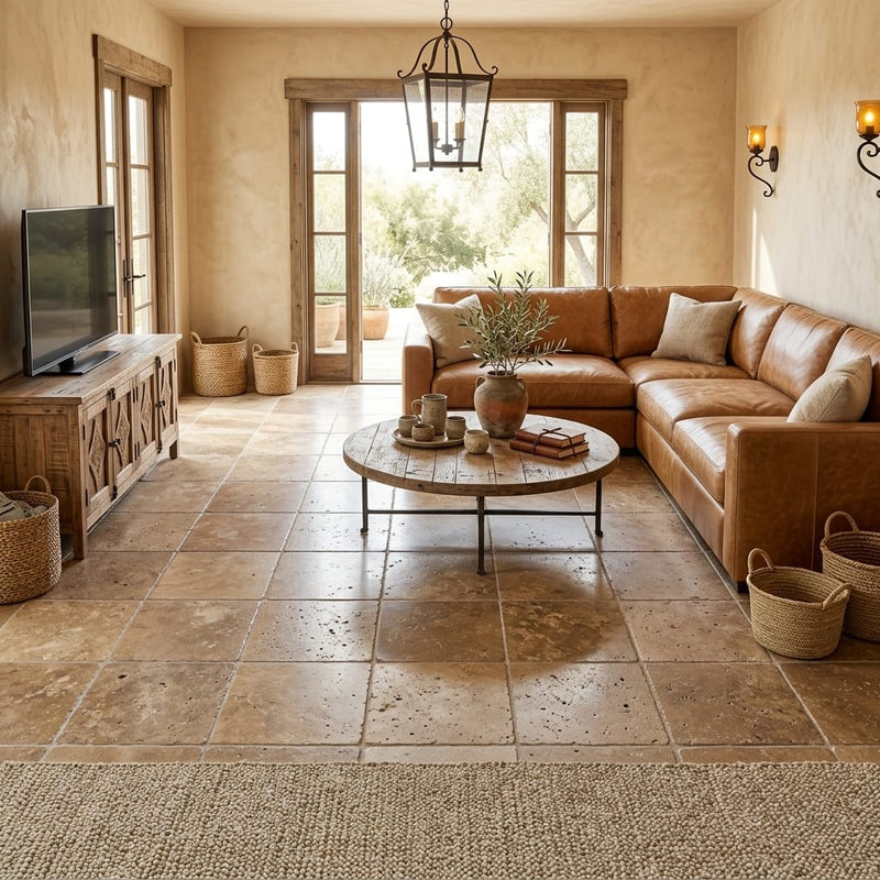 Noce Travertine Tile 16x16 Tumbled — Family Room floor