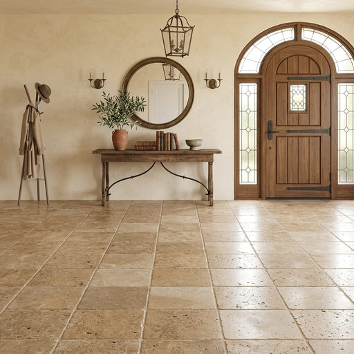 Noce Travertine Tile 16x16 Tumbled — Foyer floor