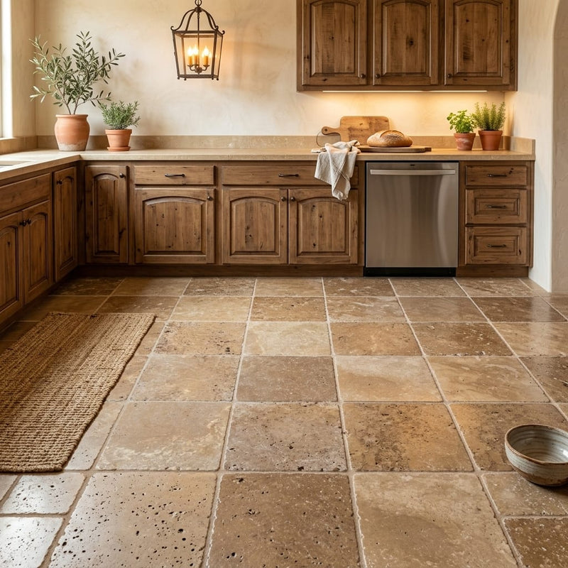 Noce Travertine Tile 16x16 Tumbled — Kitchen floor