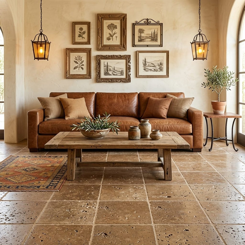 Noce Travertine Tile 16x16 Tumbled — Living Room floor