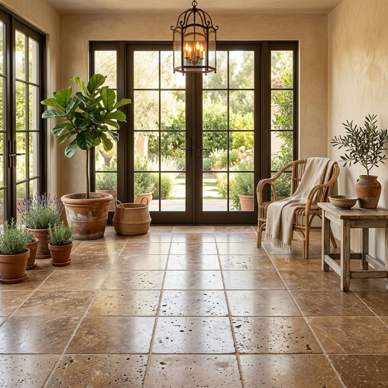 Noce Travertine Tile 16x16 Tumbled — Sunroom floor