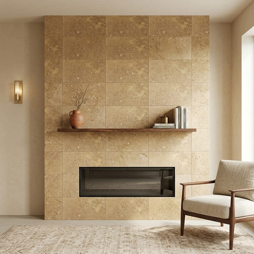 Noce Travertine Tile 16x24 Filled, Honed — Living Room fireplace surround