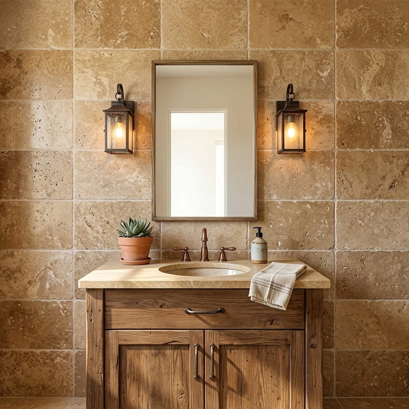 Noce Travertine Tile 16x24 Tumbled — Bathroom vanity wall