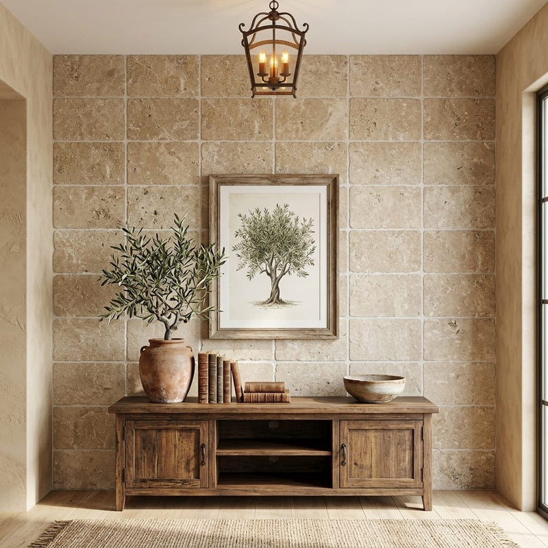 Noce Travertine Tile 16x24 Tumbled — Living Room feature wall