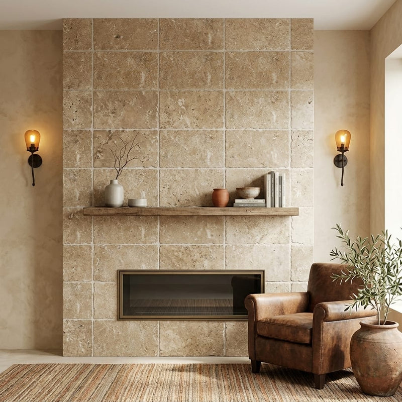 Noce Travertine Tile 16x24 Tumbled — Living Room fireplace surround