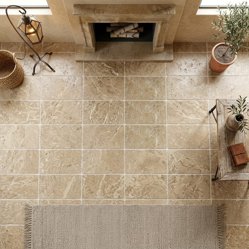 Noce Travertine Tile 16x24 Tumbled — Living Room floor