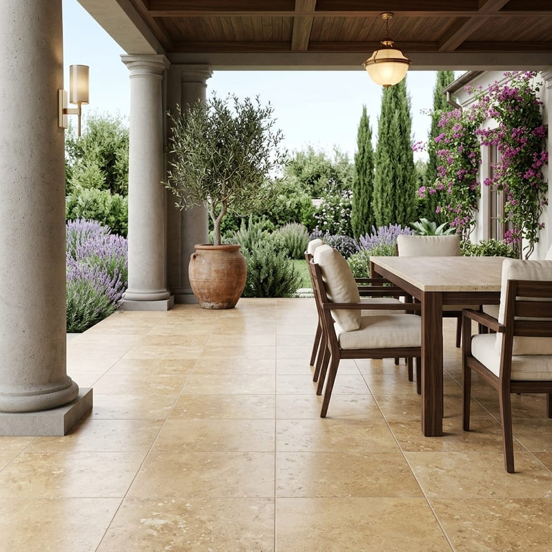 Noce Travertine Tile 18x18 Filled, Honed — Covered Patio floor