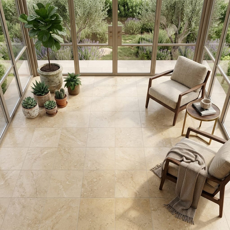 Noce Travertine Tile 18x18 Filled, Honed — Sunroom floor