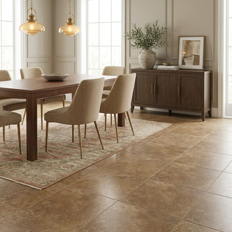 Noce Travertine Tile 18x18 Honed, Filled — Dining Room floor