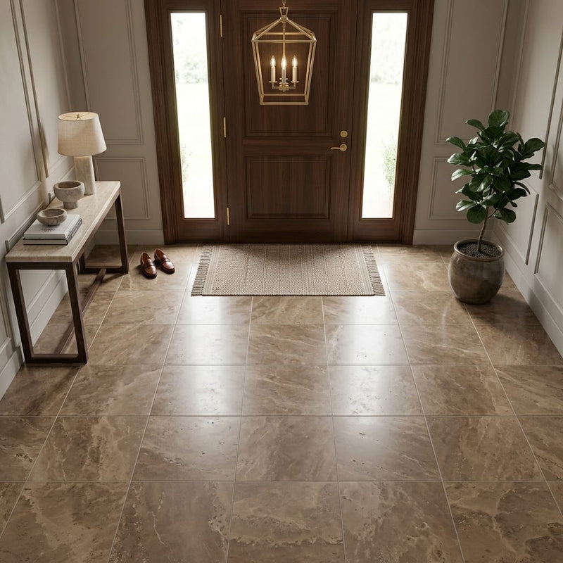 Noce Travertine Tile 18x18 Honed, Filled — Foyer floor