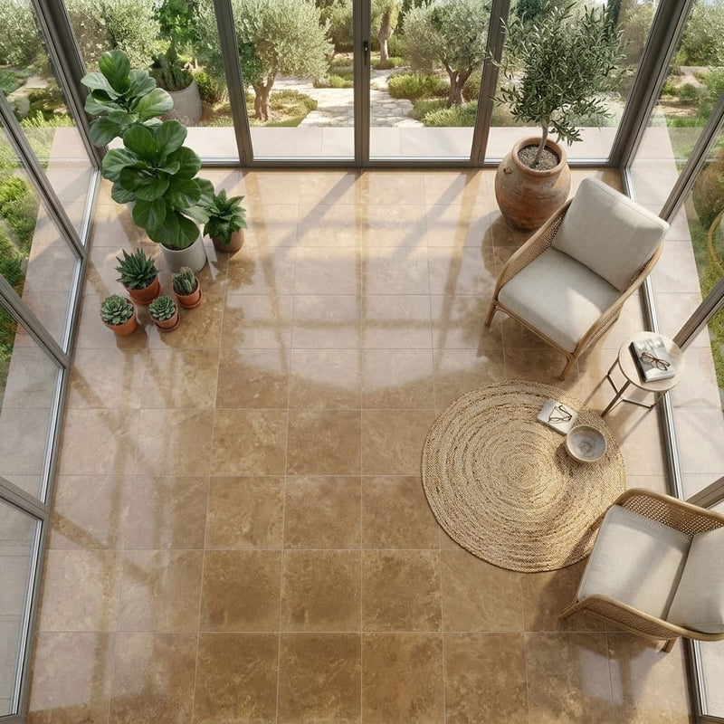 Noce Travertine Tile 18x18 Honed, Filled — Sunroom floor