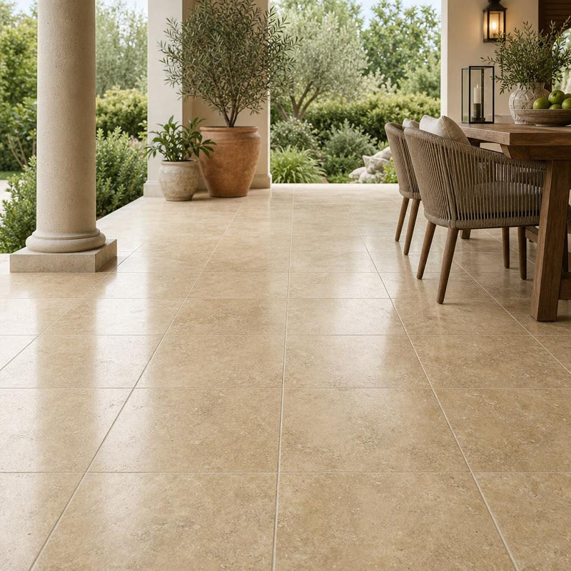 Noce Travertine Tile 18x18 Polished — Covered Patio floor