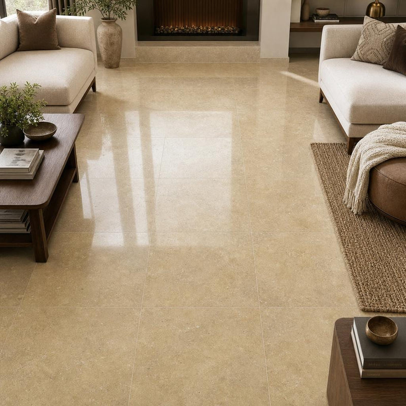 Noce Travertine Tile 18x18 Polished — Family Room floor