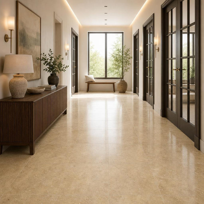 Noce Travertine Tile 18x18 Polished — Hallway floor