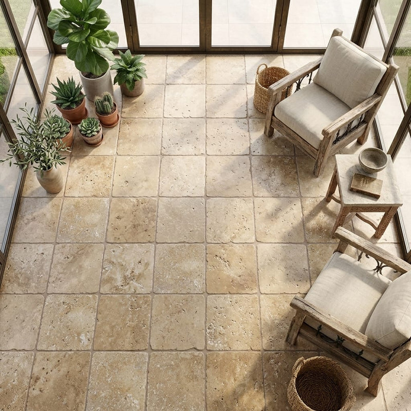 Noce Travertine Tile 18x18 Tumbled — Sunroom floor