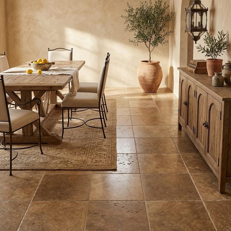 Noce Travertine Tile 18x18 Tumbled — Dining Room floor