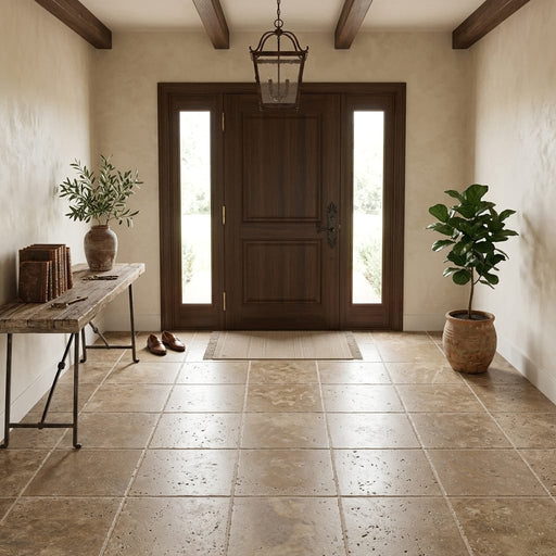 Noce Travertine Tile 18x18 Tumbled — Foyer floor