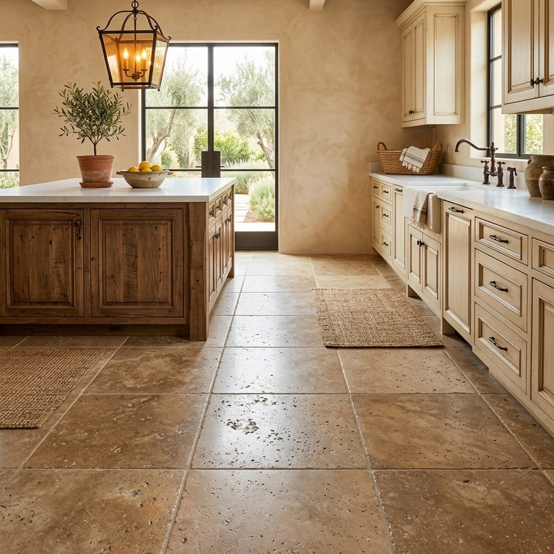 Noce Travertine Tile 18x18 Tumbled — Kitchen floor