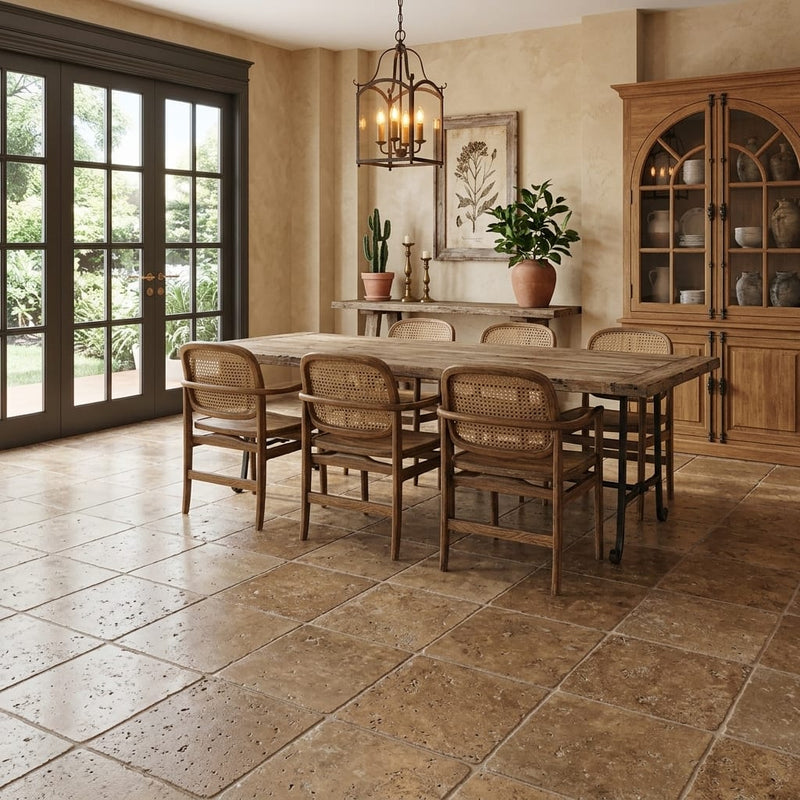 Noce Travertine Tile 18x18 Tumbled — Living Room floor