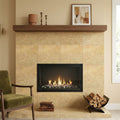 Noce Travertine Tile 24x24 Filled, Honed — Living Room fireplace surround