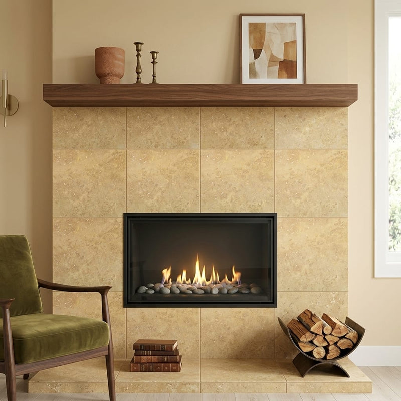 Noce Travertine Tile 24x24 Filled, Honed — Living Room fireplace surround