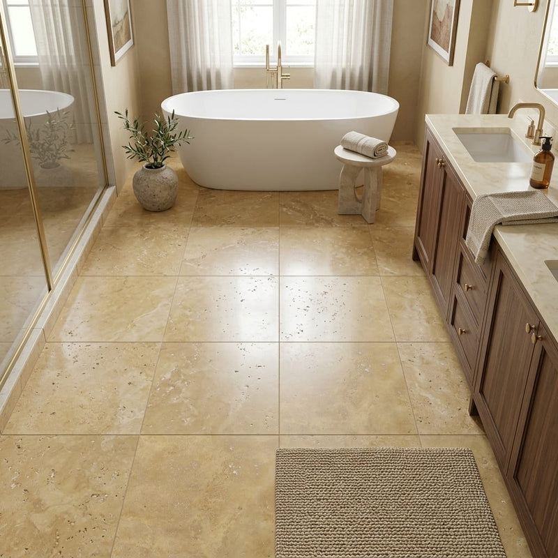 Noce Travertine Tile 24x24 Polished — Primary Bath floor