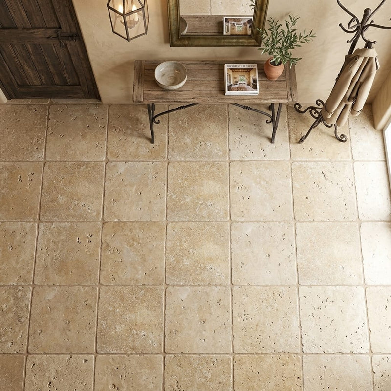 Noce Travertine Tile 24x24 Tumbled — Foyer floor