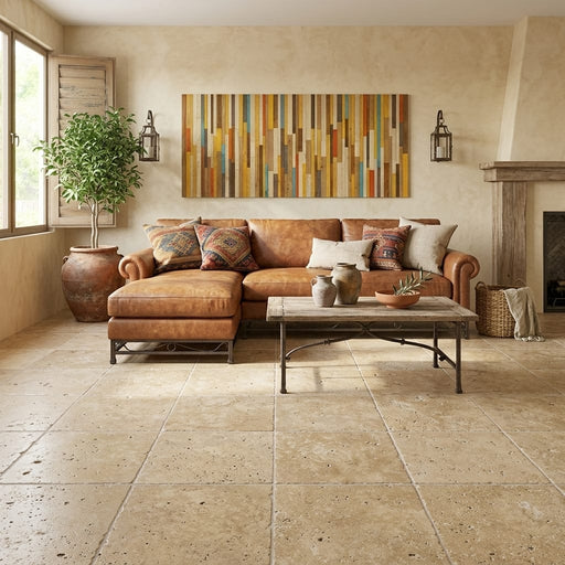 Noce Travertine Tile 24x24 Tumbled — Living Room floor