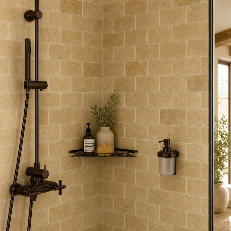 Noce Travertine Tile 3x6 Tumbled — Bathroom shower wall