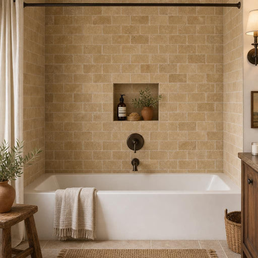 Noce Travertine Tile 3x6 Tumbled — Bathroom tub surround