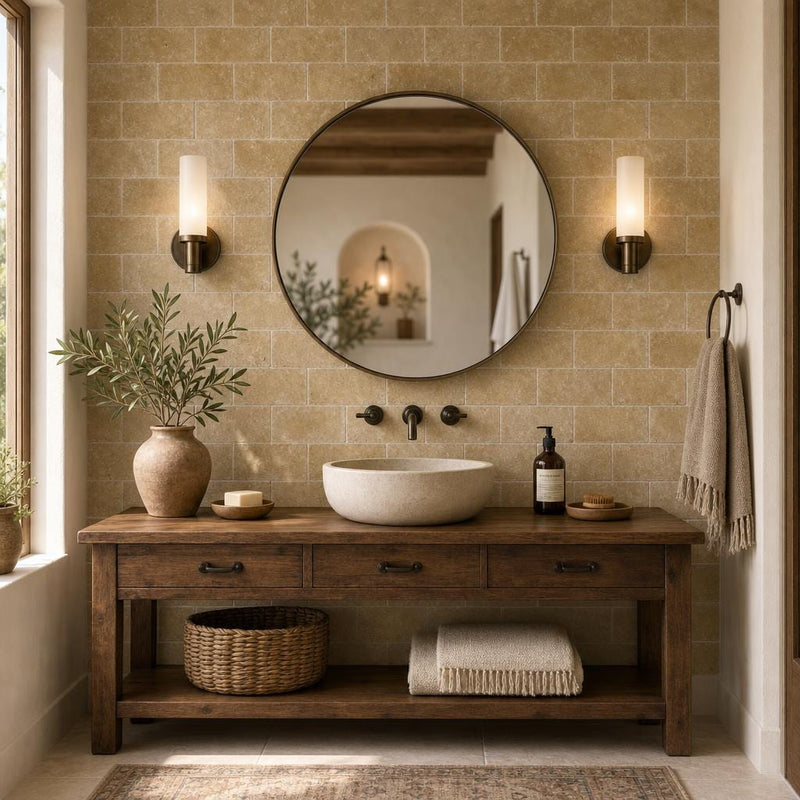 Noce Travertine Tile 3x6 Tumbled — Bathroom wall