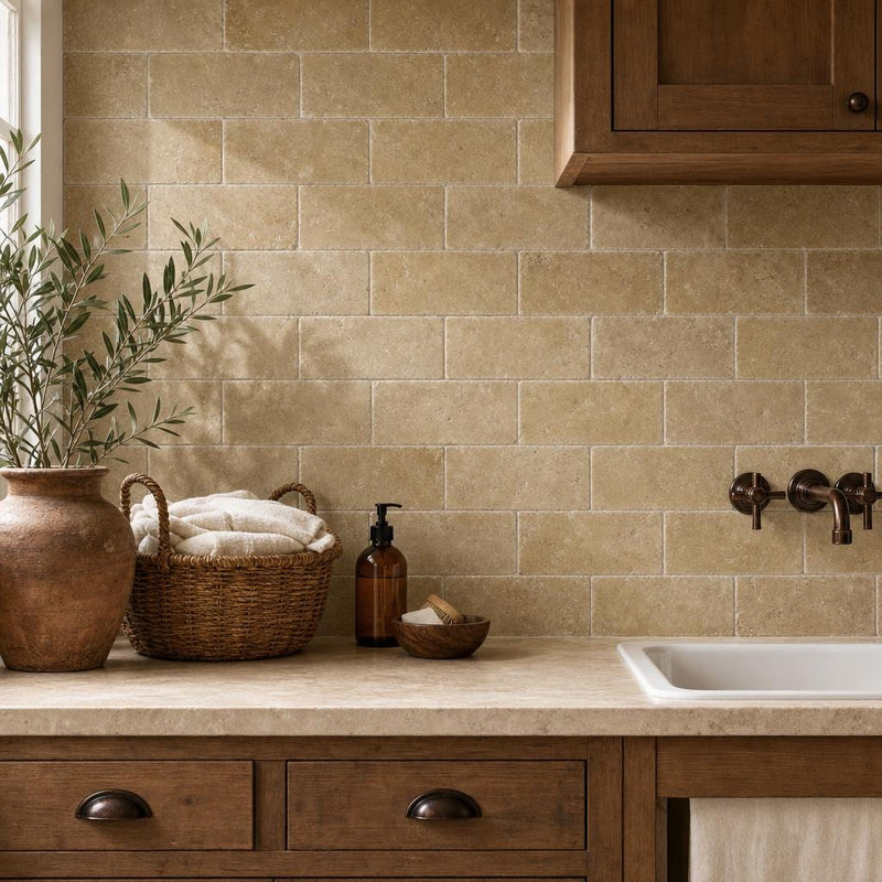 Noce Travertine Tile 3x6 Tumbled — Laundry Room backsplash
