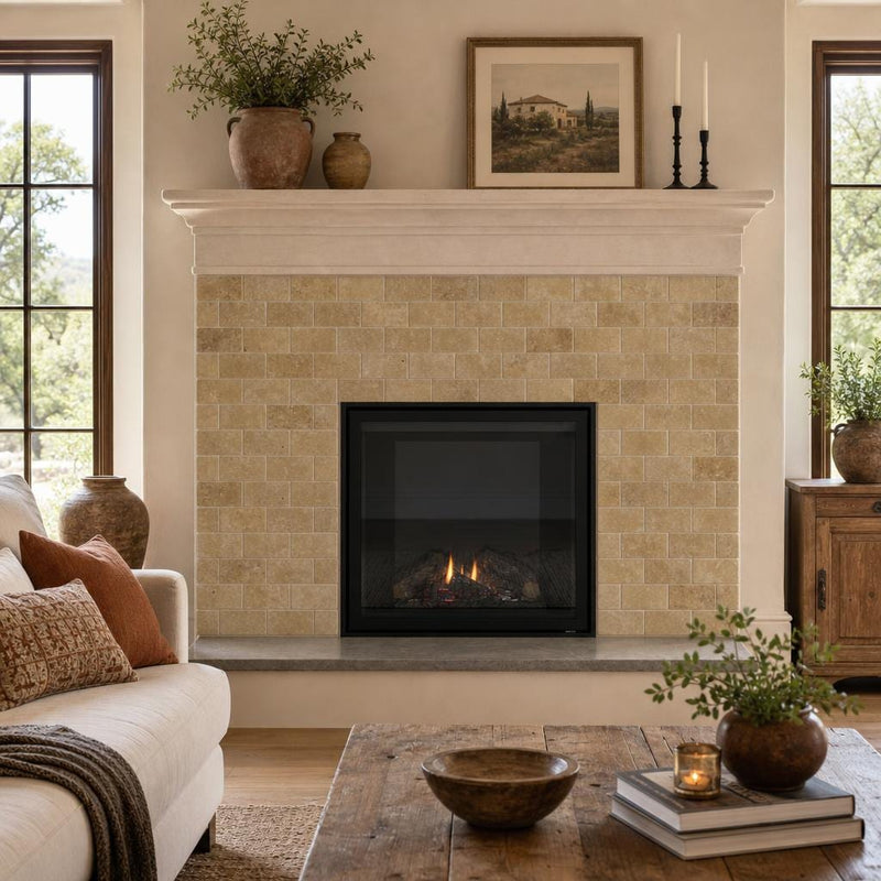 Noce Travertine Tile 3x6 Tumbled — Living Room fireplace surround