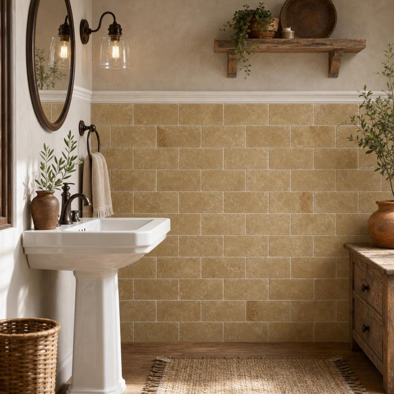 Noce Travertine Tile 3x6 Tumbled — Powder Room wainscot