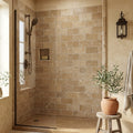 Noce Travertine Tile 3x6 Tumbled — Bathroom shower wall edge