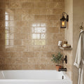 Noce Travertine Tile 3x6 Tumbled — Bathroom tub surround edge